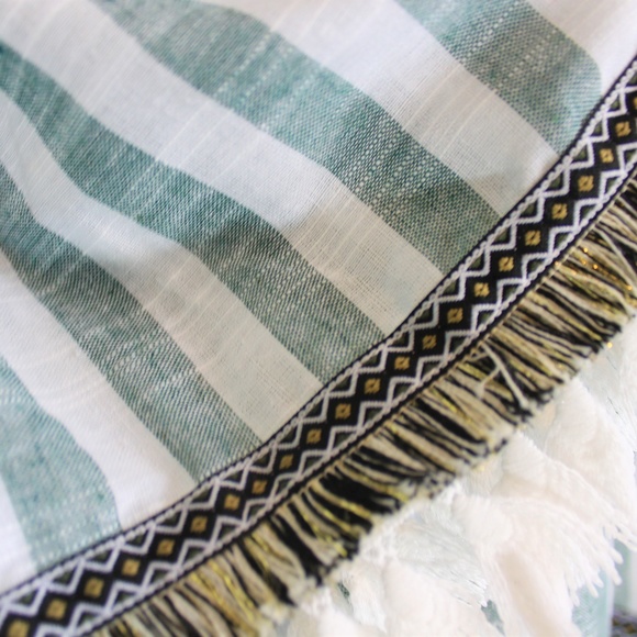 New Cotton Boho Fringe Stripe Dress Green White XS - Picture 5 of 7